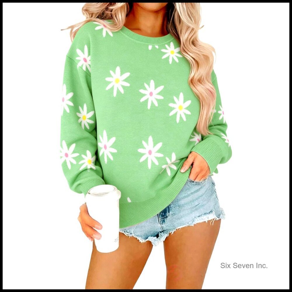 Floral Print Pullover Sweater Cozy Knit Crewneck Long Sleeve Chic Oversized